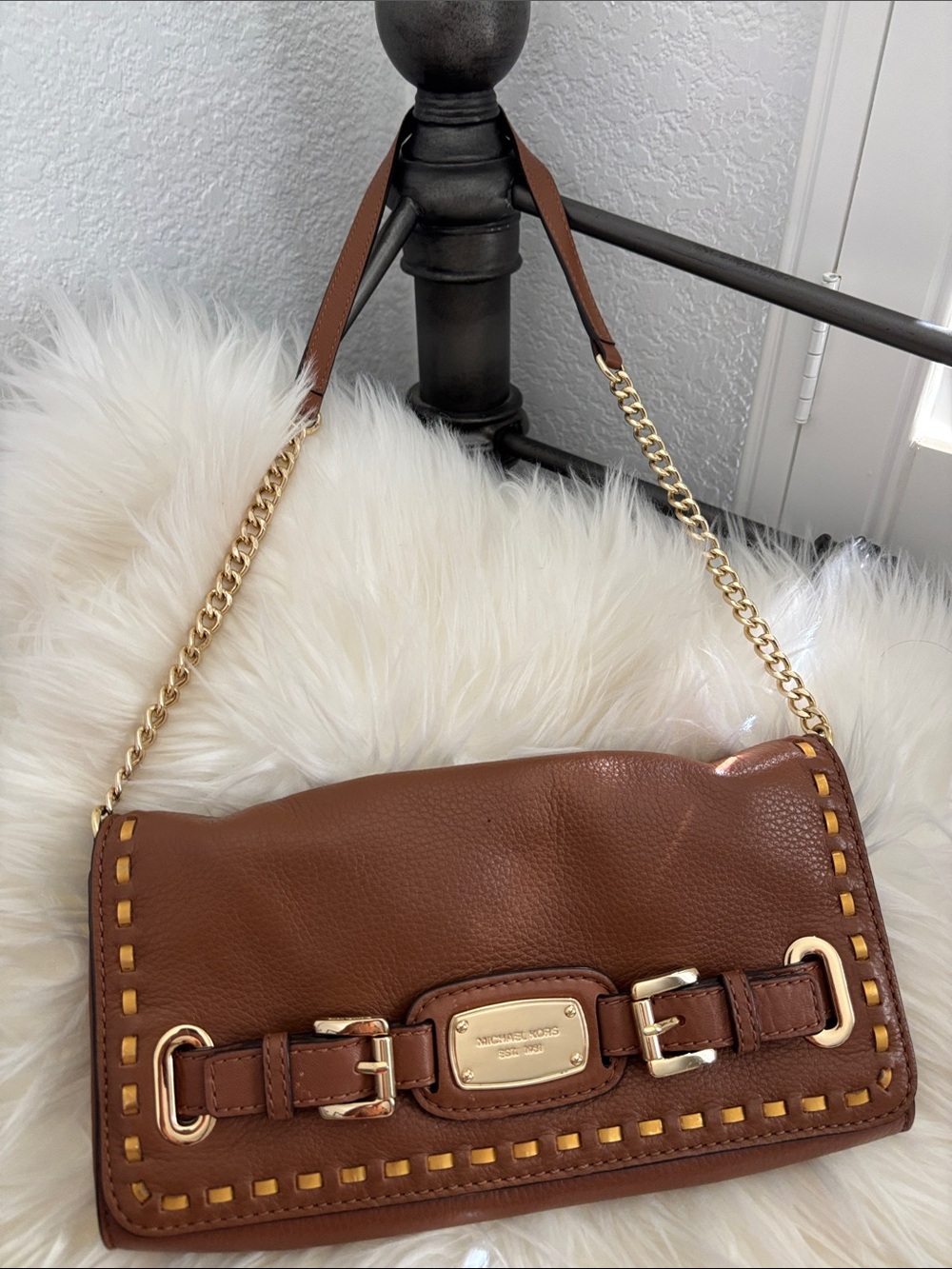 Michael Kors Chestnut Brown Leather Shoulder Bag with Gold Chain